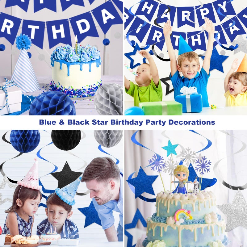 meowtastic Birthday Decorations  Happy Birthday Banner with Honeycomb Balls  Star Hanging Swirl Streamer  Circle Dot Garland  Happy Birthday Party Decorations for Women Men Boys Girls (Blue & Silver) - Image 4